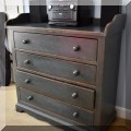 F22. Quebec Pine four drawer chest. 40”h x 38”w x 18”d 